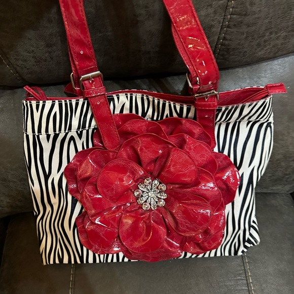 Red and Black Zebra Print Tote Bag with Flower Accent - Picture 1 of 5